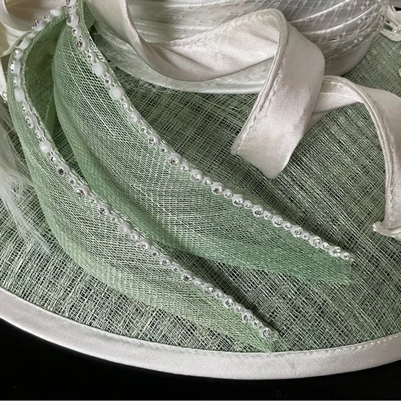Elite Champagne Women’s Elegant Wide Brim Green and Off-White Women\'s Hat M4003 ( Ivory/olive Green )kentucky Derby Hat, Church Hat  main image 4